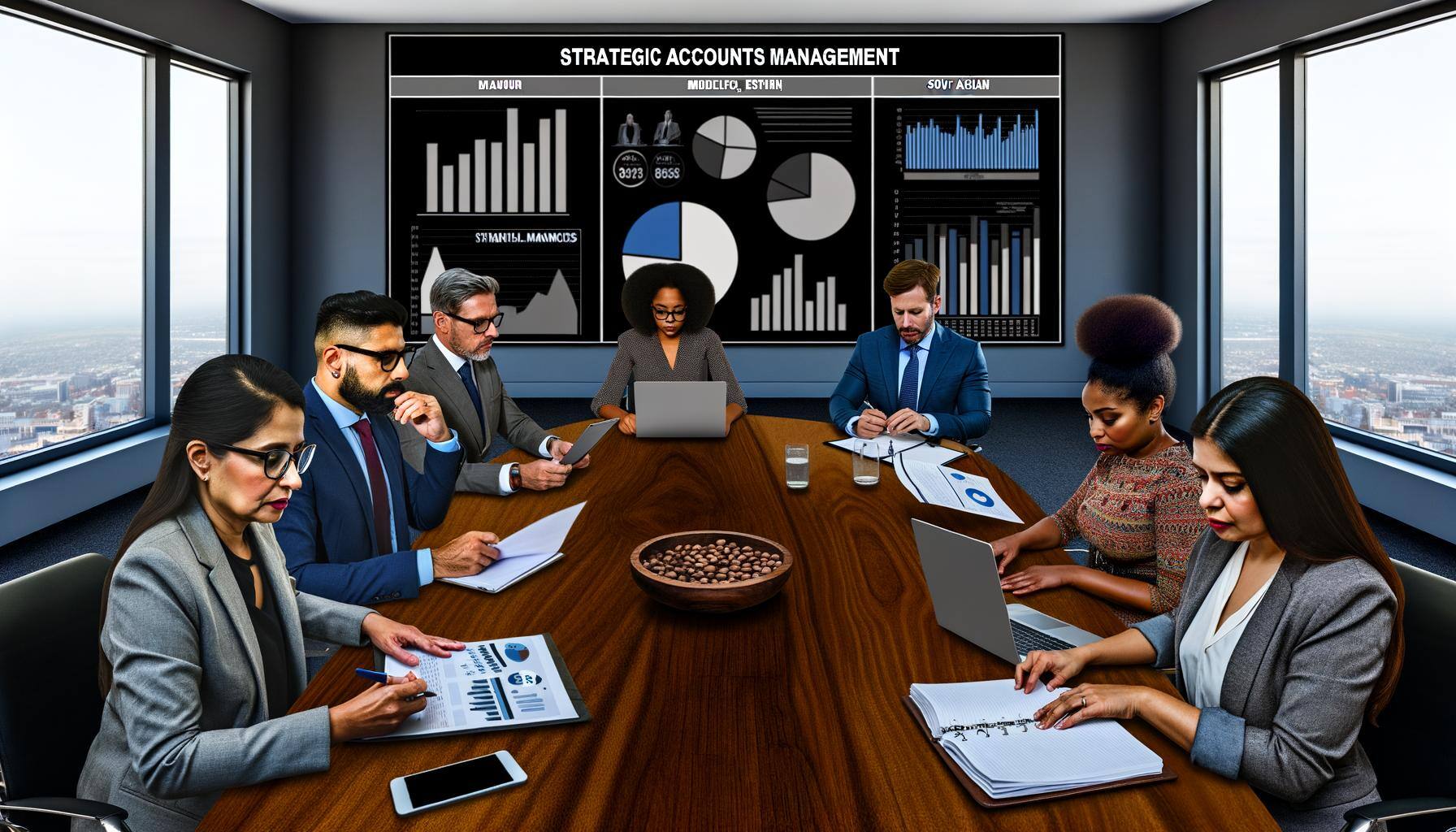 A detailed and graphic representation of Strategic Accounts Management. Picture a large boardroom with a major oak table in the center. Seated around it are various professionals: on one side, there's a Black, male financial analyst wearing glasses, keenly reviewing a document; a Hispanic, female executive with her hair in a chic bun, closely examining the projections on the laptop screen; and a Middle-Eastern, male manager jotting down notes. On the opposite side, there are two executives: a Caucasian, male with a planner and tablet opened, and a South Asian, female checking data on her smartphone. Above them, a large wall screen shows bar graphs, pie charts and statistical data reflecting the strategic management of accounts. They're all engaged in a heated discussion about strategy, reflecting the intensity and importance of Strategic Accounts Management.